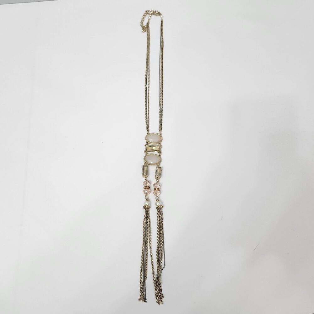 Chicos Necklace Gold Tone Chain Tassel White Acrylic Bead Faux Pearl Long